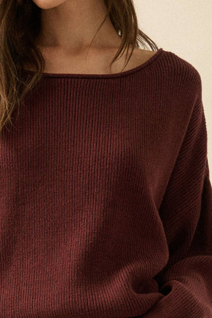 Solid Rib-Knit Oversized Boatneck Sweater