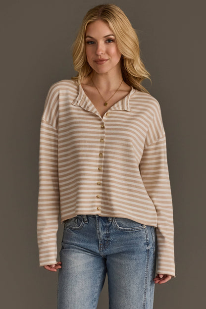 Beige & Off White Striped Cardigan