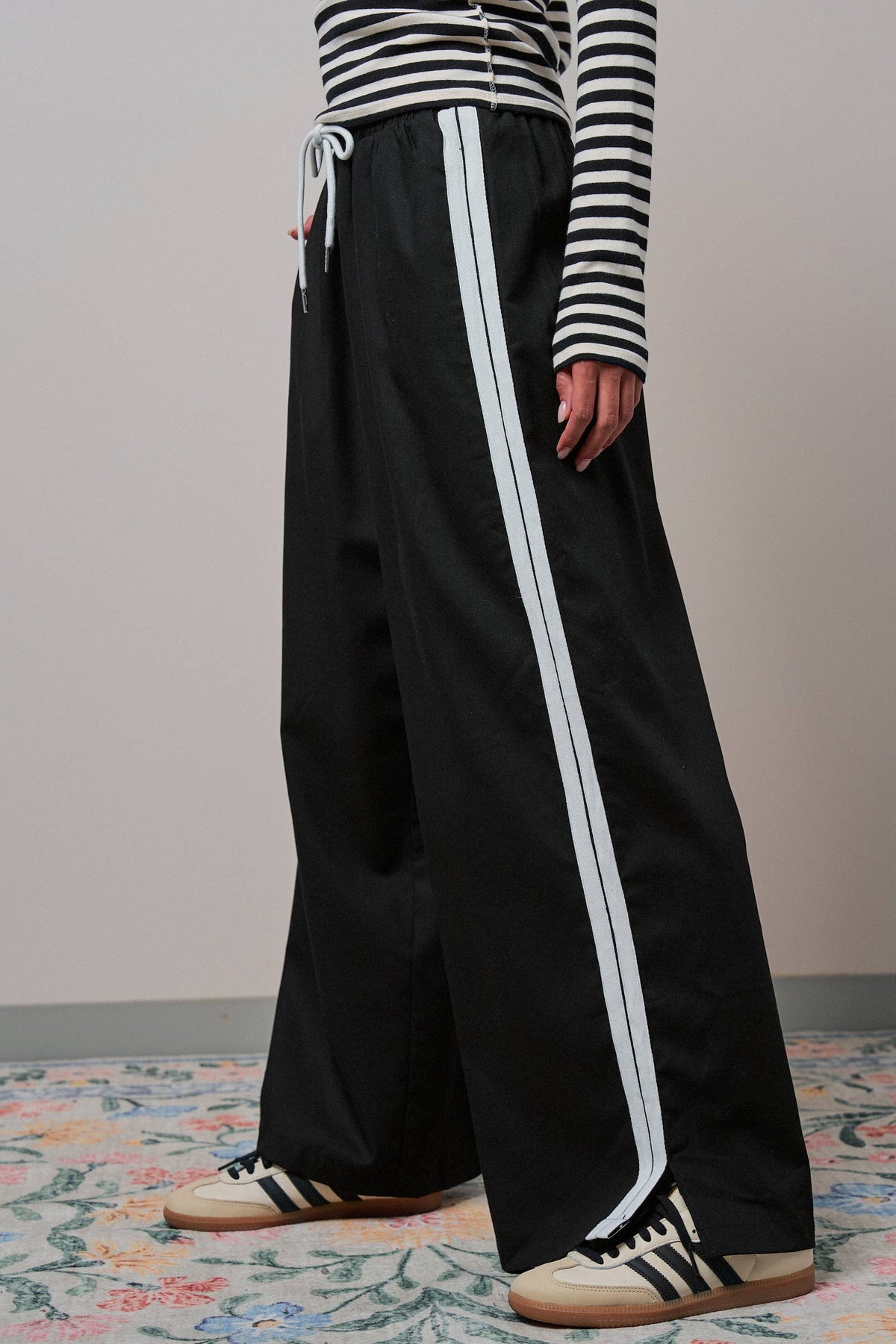 Wide Leg Side Stripe Linen Track Pant
