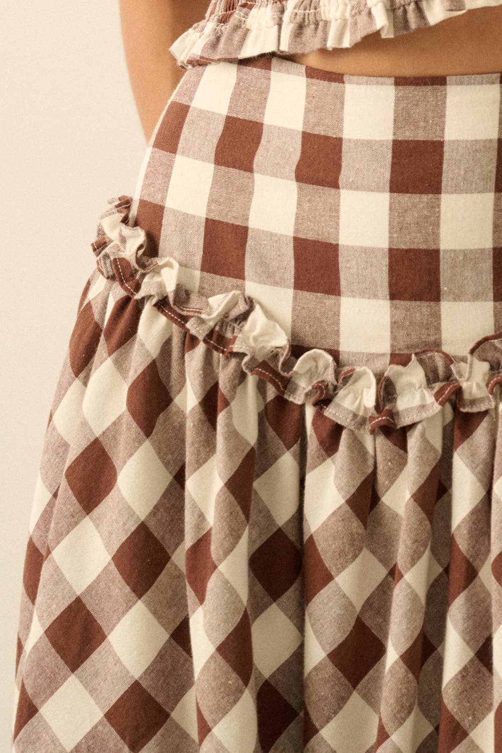 Gingham Plaid Drop-Waist Ruffle Midi Skirt