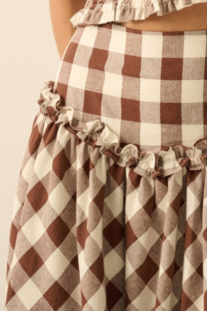 Gingham Plaid Drop-Waist Ruffle Midi Skirt