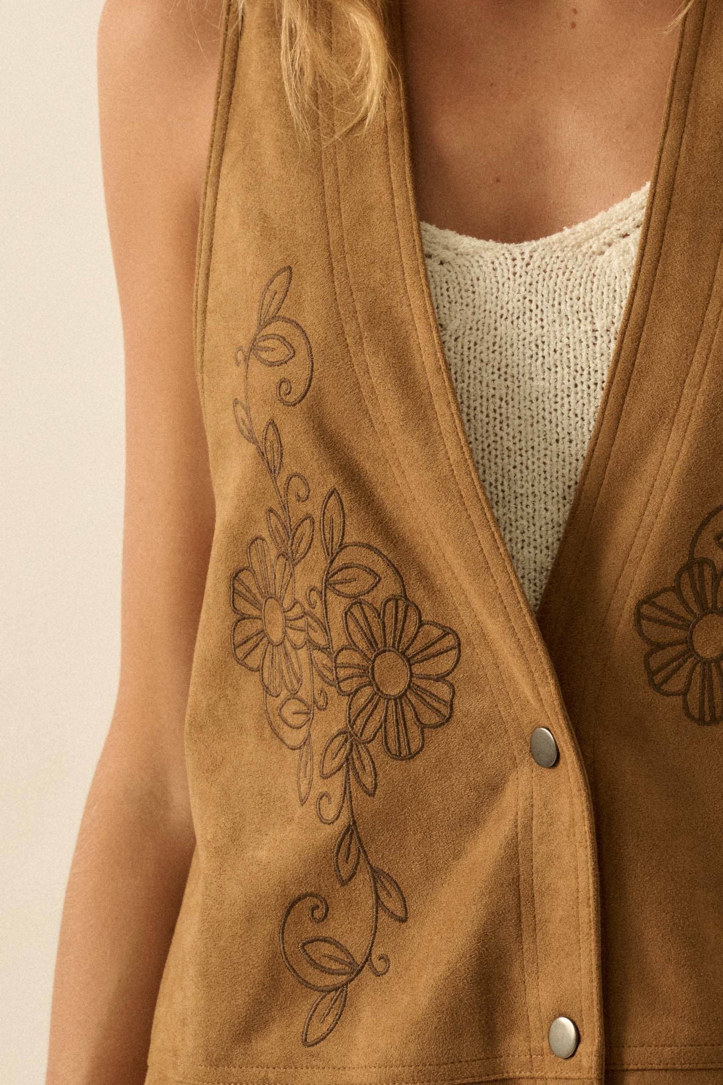 Floral-Embroidered Faux Suede Vest