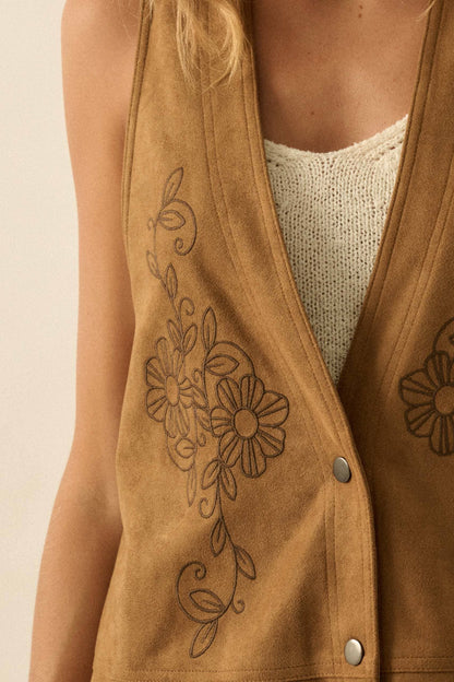 Floral-Embroidered Faux Suede Vest