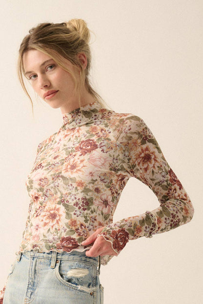Floral Mesh High-Neck Top