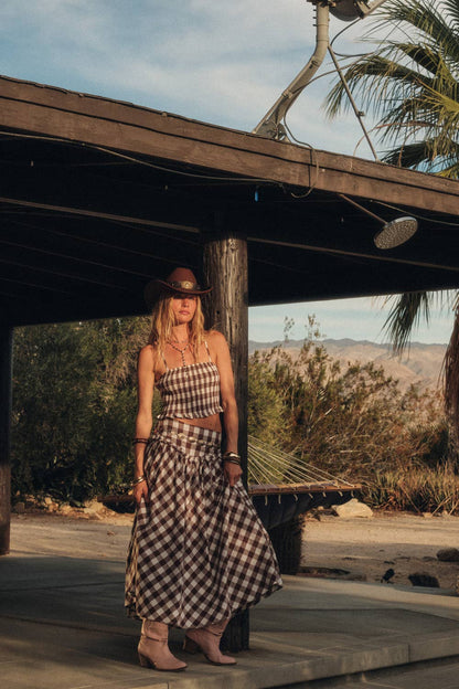 Gingham Plaid Drop-Waist Ruffle Midi Skirt