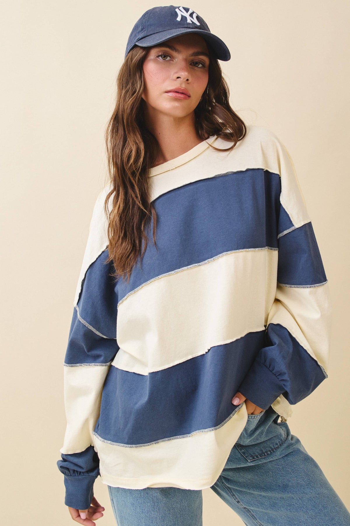 8551GN Oversized Color Block Long Sleeve Pullover: White Brownie / Contemporary / M