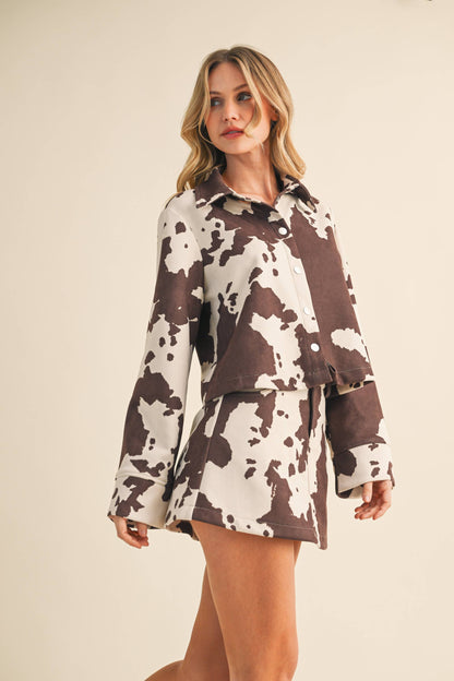 Cow Print Suede Skirt and Shirt Set