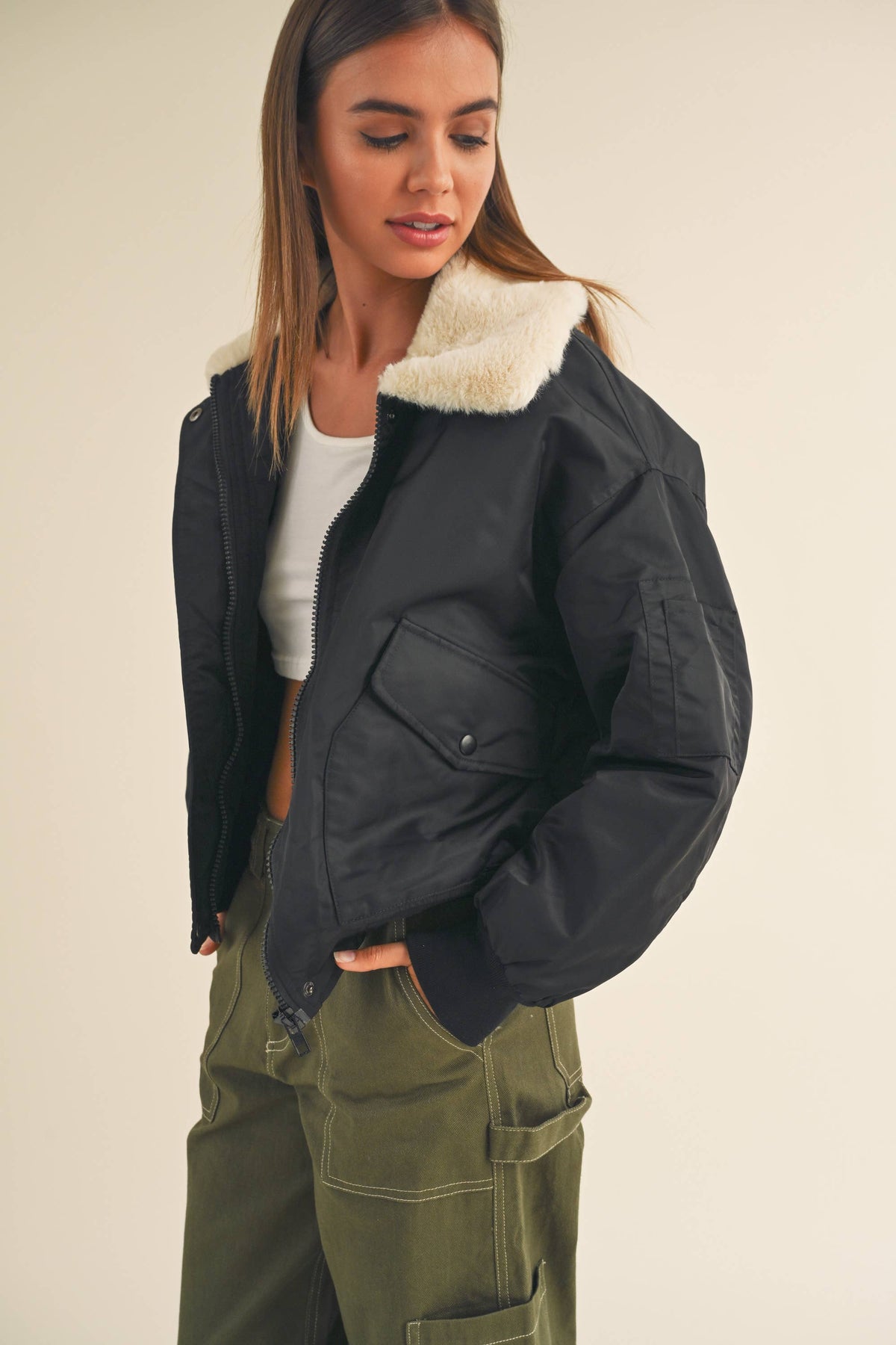 Fur collared bomber jacket