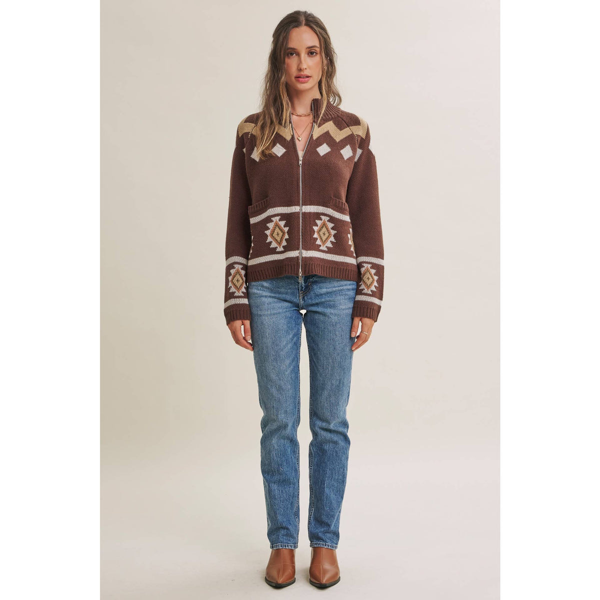 RUSTIC ESCAPE FAIR ISLE 2-WAY ZIP MOCK NECK SWEATER JACKET