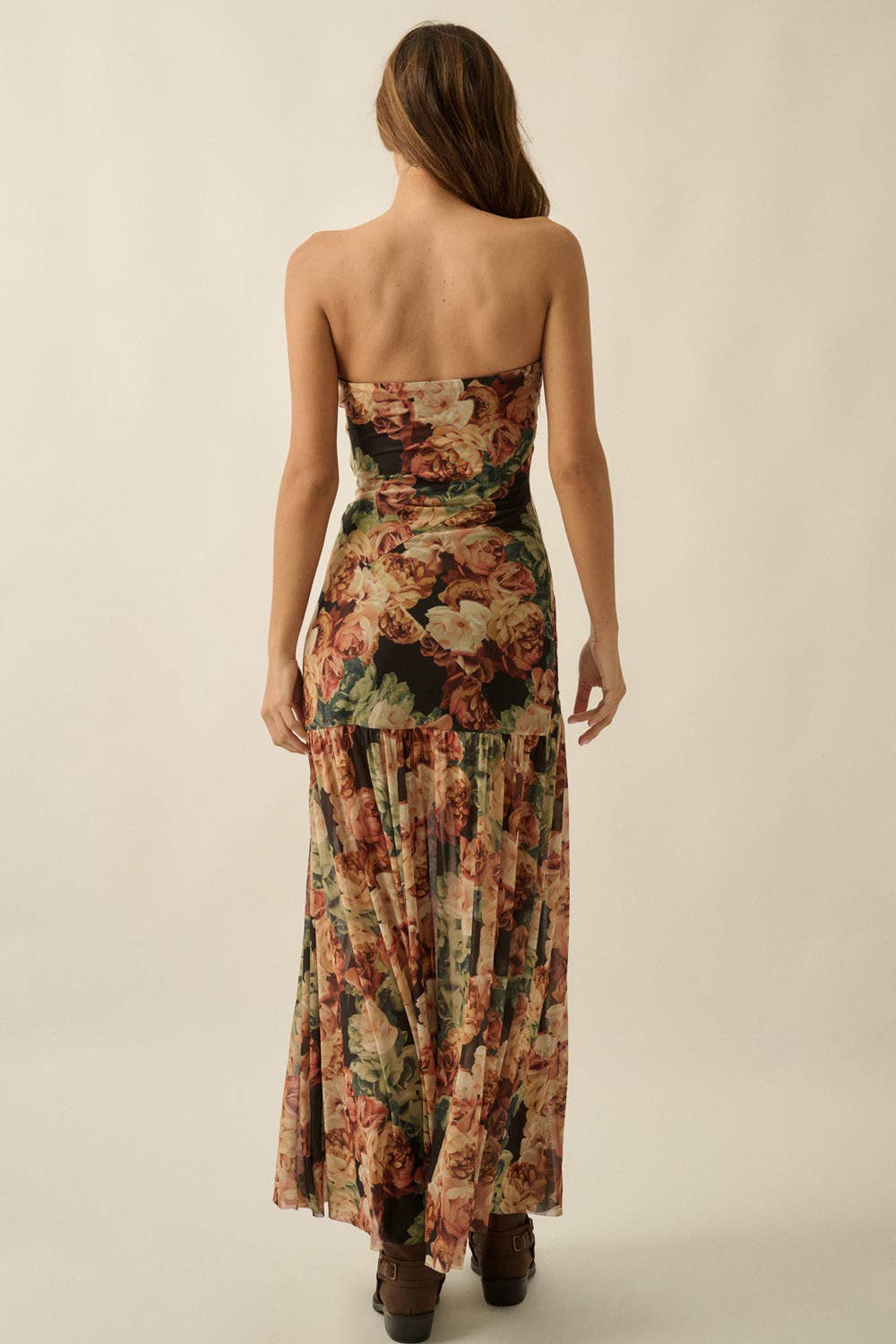 Floral Mesh Strapless Maxi Dress