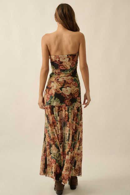 Floral Mesh Strapless Maxi Dress