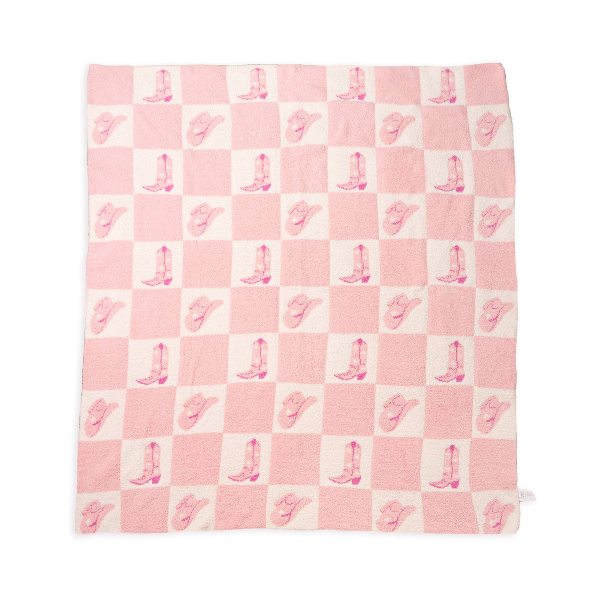 Throw Blanket - Checkered w/ Western Cowgirl - Pink & White