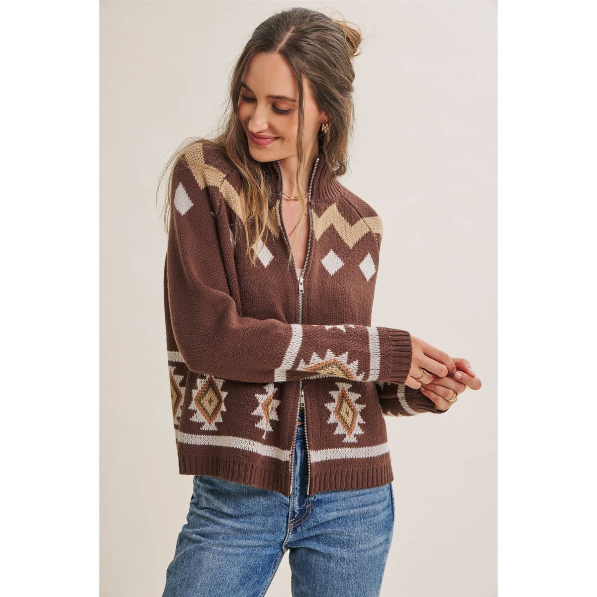 RUSTIC ESCAPE FAIR ISLE 2-WAY ZIP MOCK NECK SWEATER JACKET