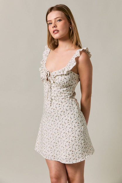 RUFFLE SLEEVE SWEETHEART NECK LINE MINI DRESS