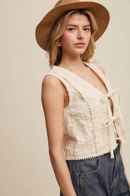 Embroidered Lace Tie-Front Vest