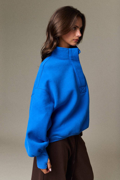 High Collar Half Button-Up Relaxed Fit Pullover
