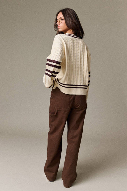 Valentina Cable Knit V-Neck Varsity Sweater