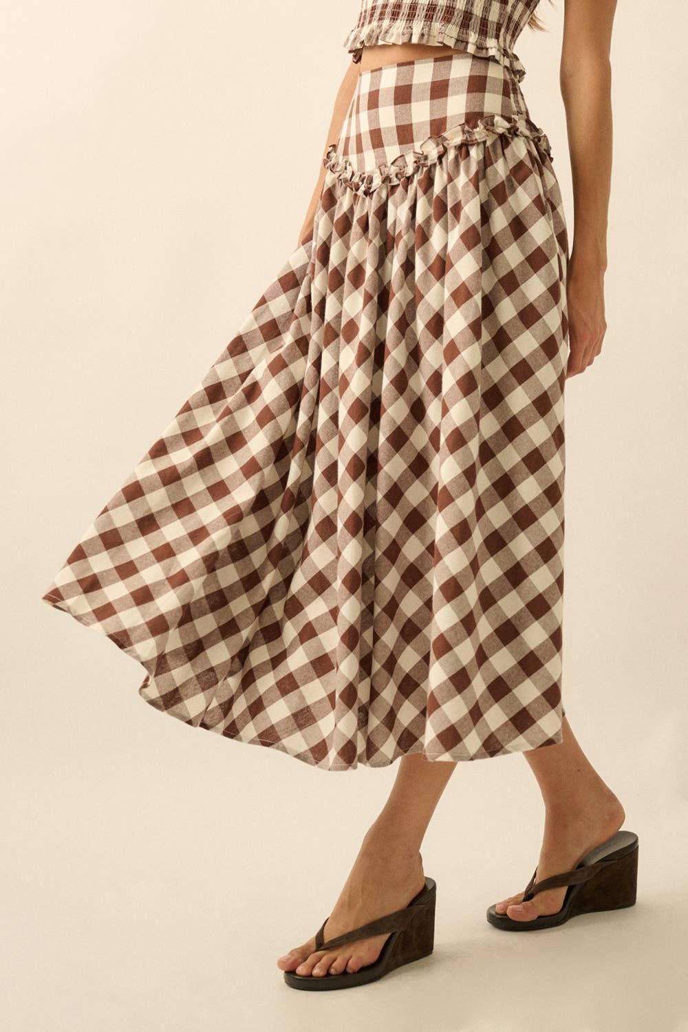 Gingham Plaid Drop-Waist Ruffle Midi Skirt