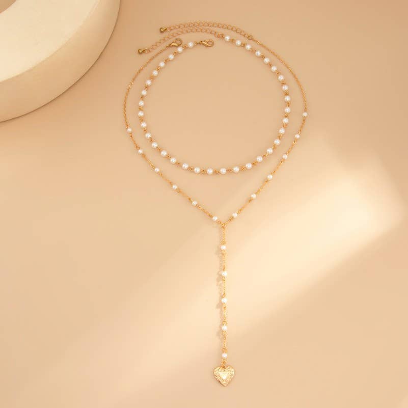Layered Pearl Y-Necklace with Heart Pendant