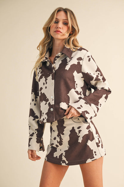 Cow Print Suede Skirt and Shirt Set