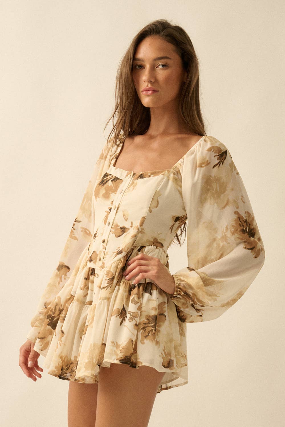Floral Bubble-Sleeve Tiered Romper