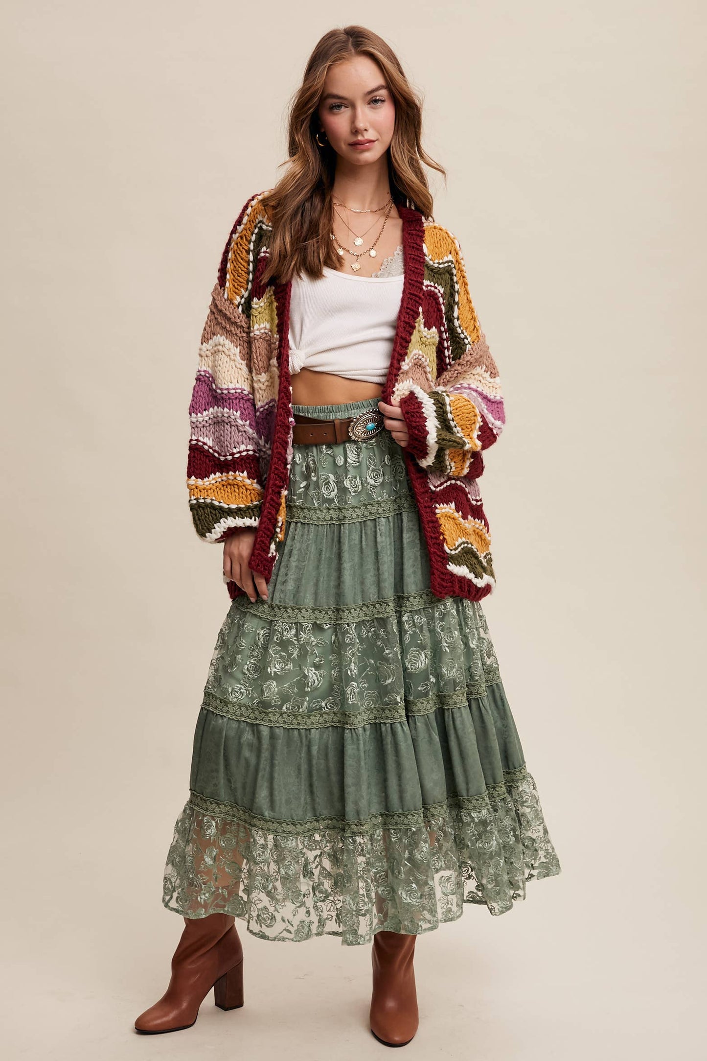 Floral Embroidered Tiered Maxi Skirt