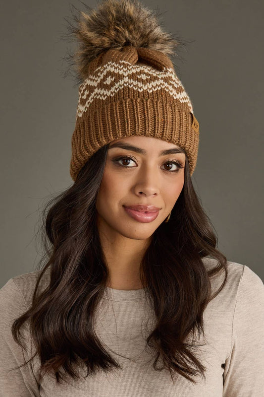 Brown & Speckled Patterned Pom Hat