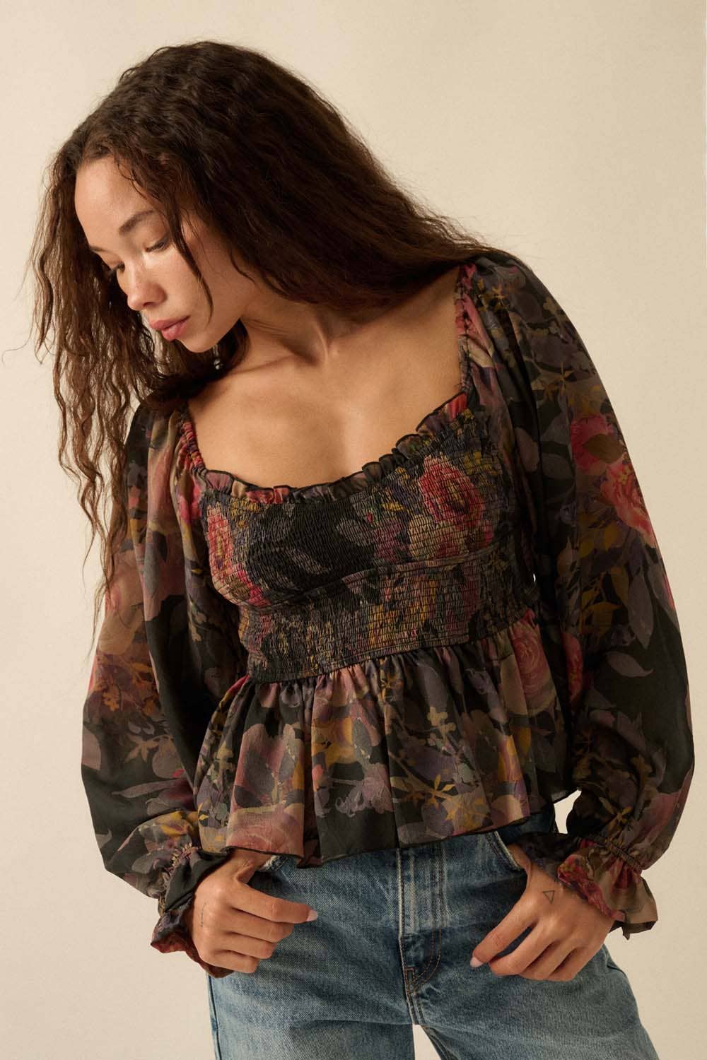 Floral-Print Smocked Sweetheart Peplum Top