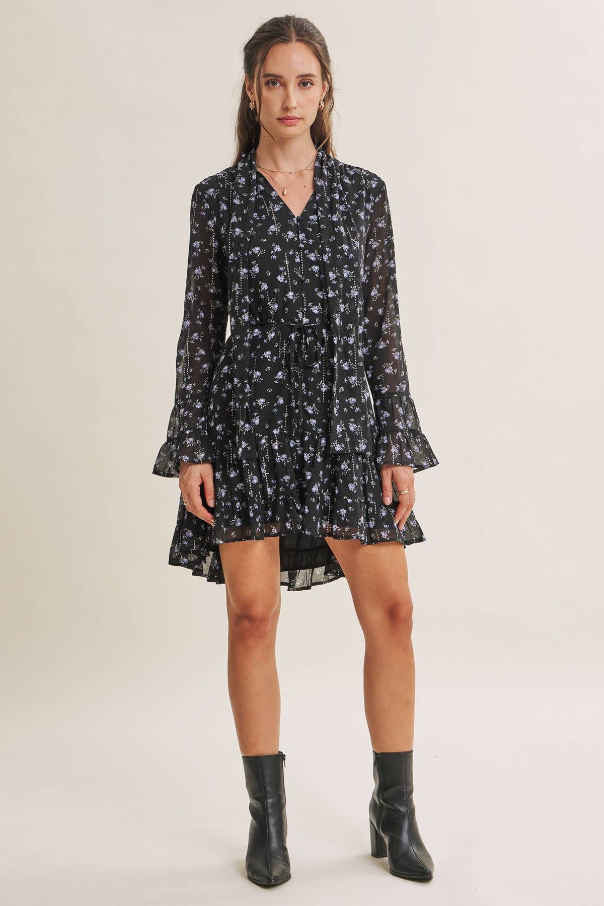 MIDNIGHT SHIMMER DITSY FLORAL NECK TIE RUFFLE MINI DRESS
