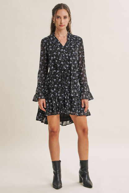 MIDNIGHT SHIMMER DITSY FLORAL NECK TIE RUFFLE MINI DRESS