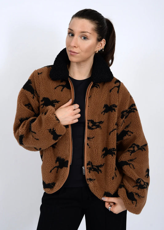 Horse Print Zip-Up Sherpa Jacket
