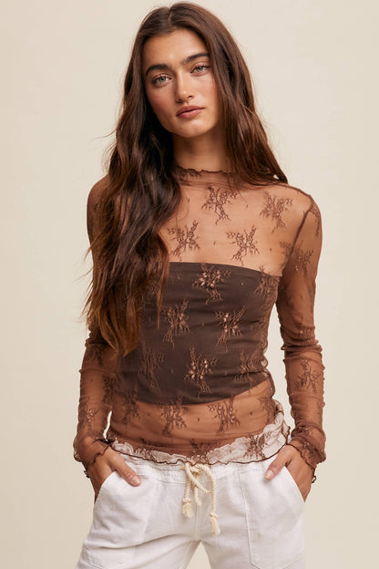 Sheer Lace Long-Sleeve  Mocha