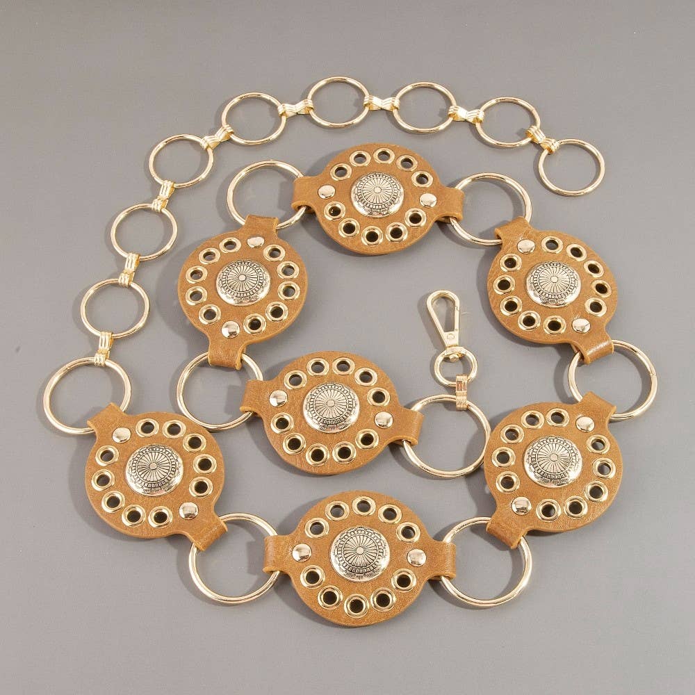 Gold Concho Ring Leather Chain Belt