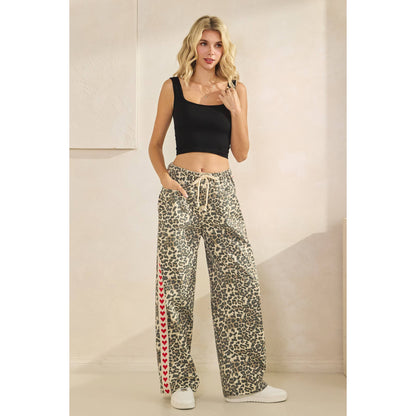 Leopard Printed Striped Wide Legged Pants
