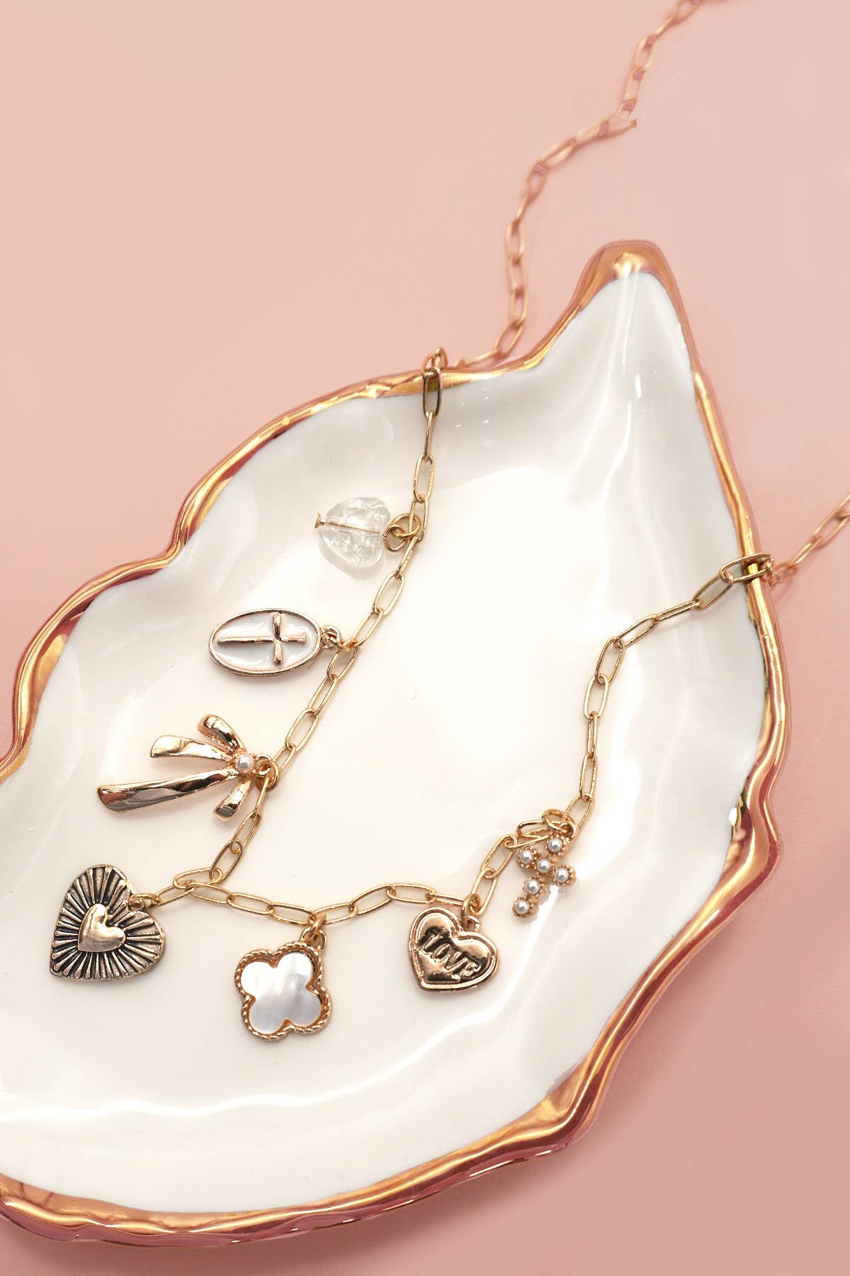 CHARM NECKLACE-CLOVER BOW CROSS HEART