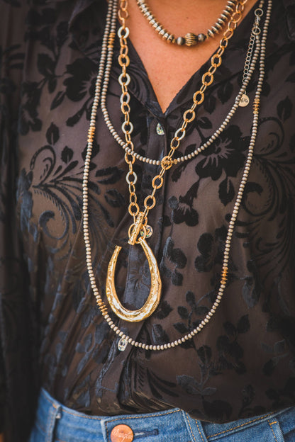 Gold Chain Necklace with Large Horseshoe Pendant
