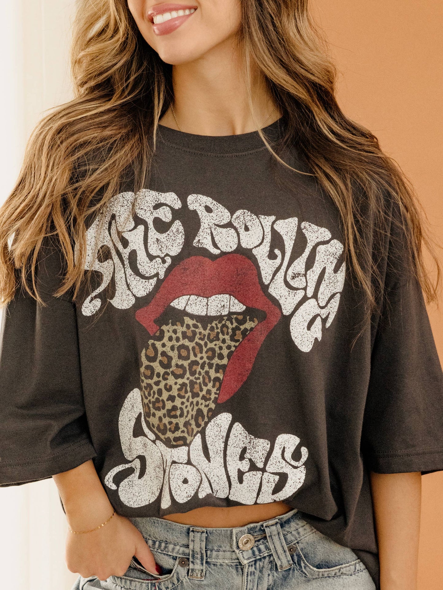 Rolling Stones Leopard Words Smoke One Size Licensed Tee: ONE SIZE