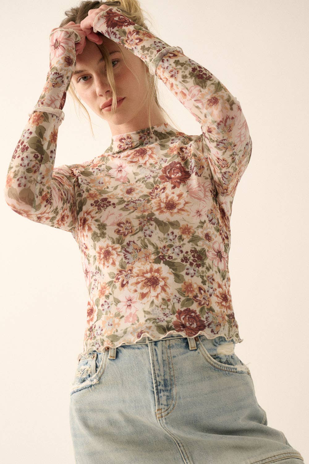 Floral Mesh High-Neck Top