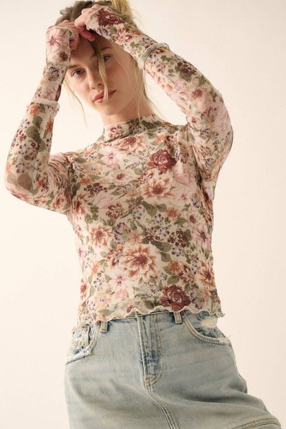 Floral Mesh High-Neck Top