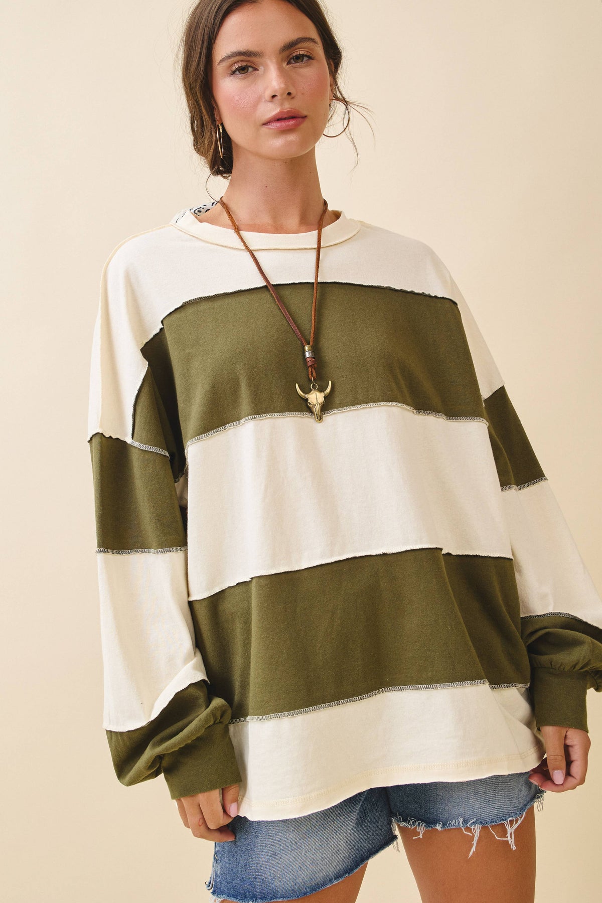 8551GN Oversized Color Block Long Sleeve Pullover: White Brownie / Contemporary / M