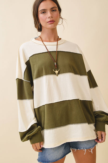 8551GN Oversized Color Block Long Sleeve Pullover: White Brownie / Contemporary / M