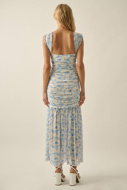 Floral-Print Mesh Ruched Drop-Waist Maxi Dress