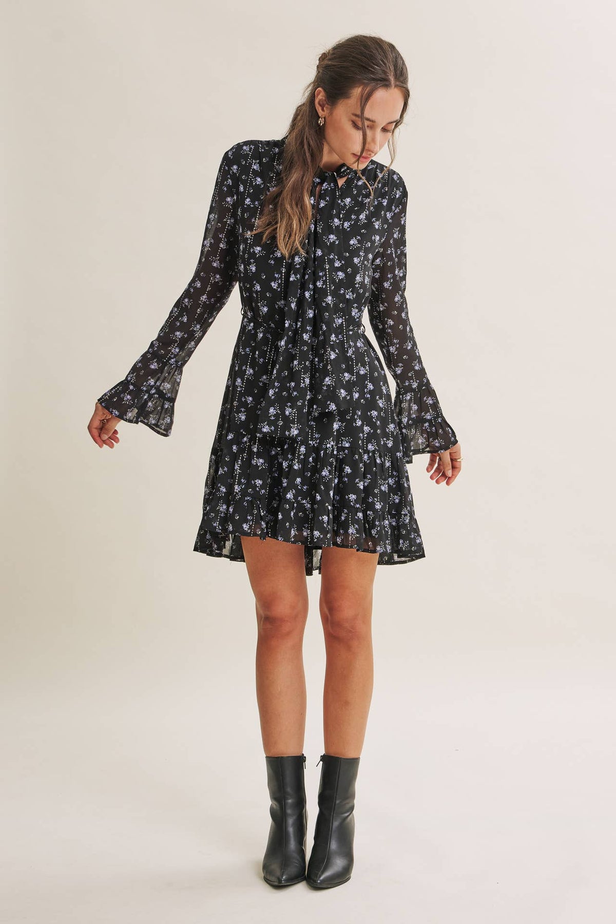 MIDNIGHT SHIMMER DITSY FLORAL NECK TIE RUFFLE MINI DRESS
