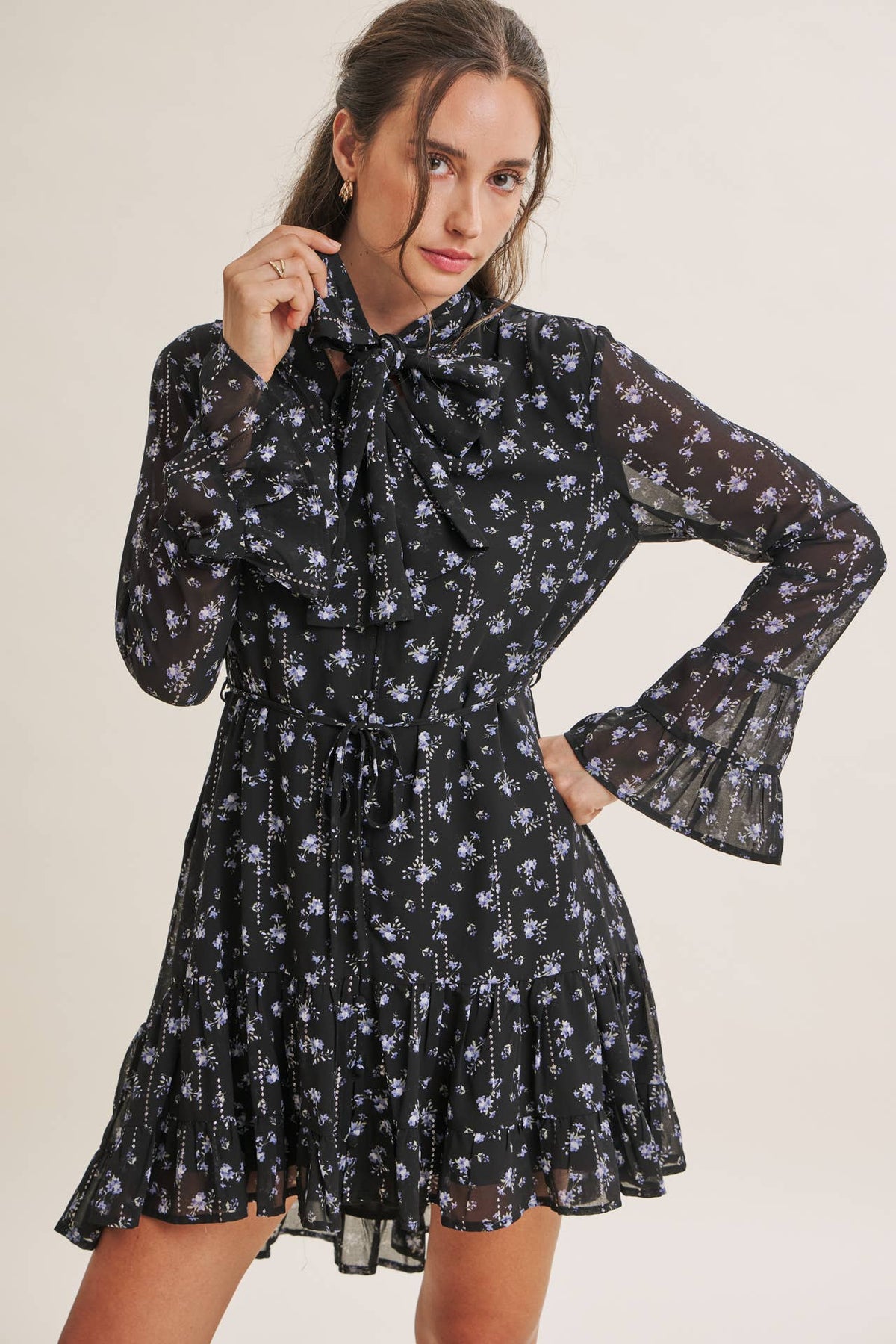 MIDNIGHT SHIMMER DITSY FLORAL NECK TIE RUFFLE MINI DRESS