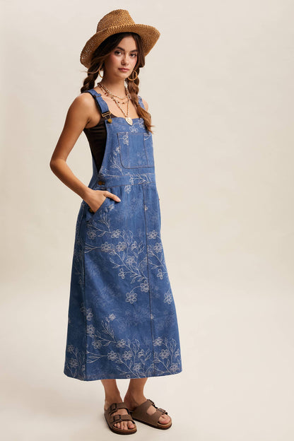 Floral Embroidered Denim Overall Dress