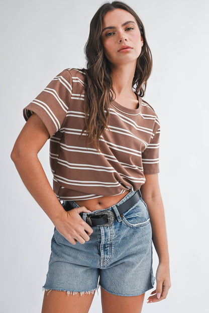 Striped Boxy Short Sleeve Tee - Brown