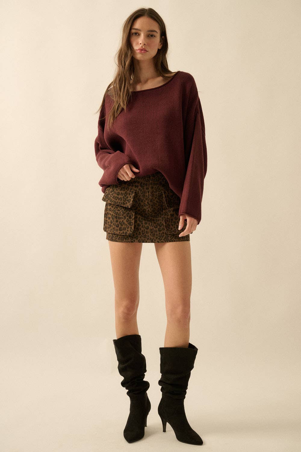 Solid Rib-Knit Oversized Boatneck Sweater
