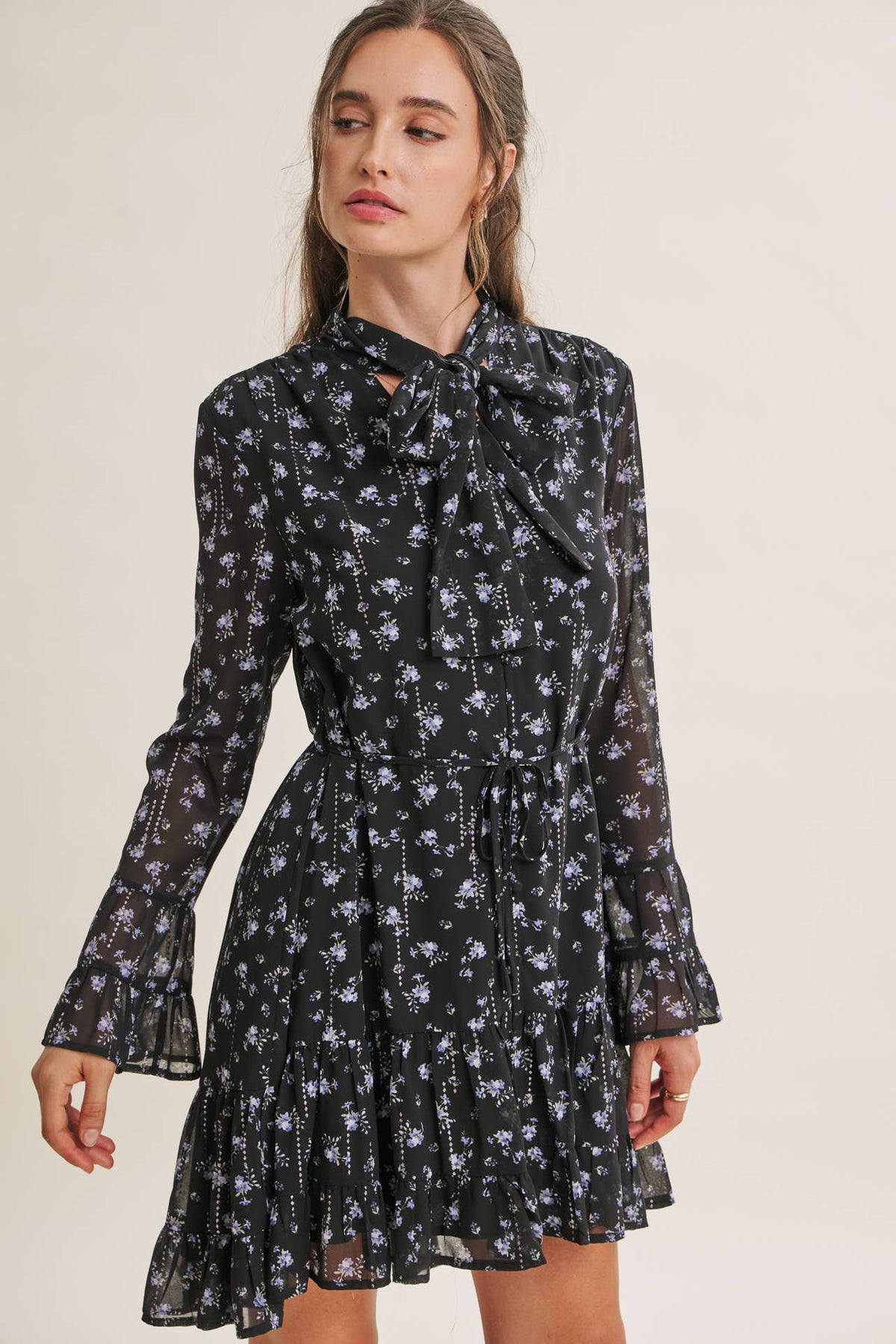 MIDNIGHT SHIMMER DITSY FLORAL NECK TIE RUFFLE MINI DRESS