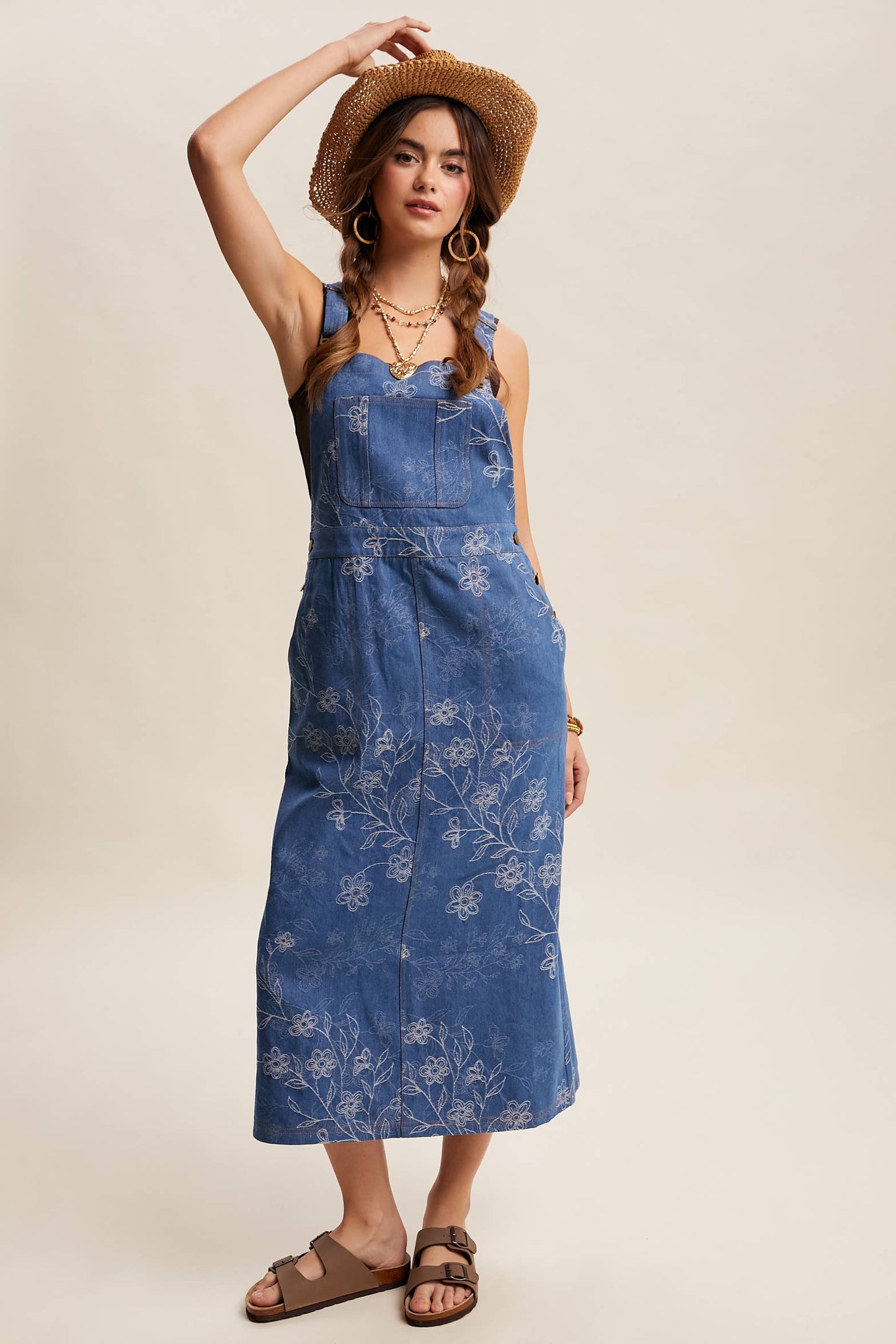 Floral Embroidered Denim Overall Dress