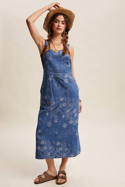 Floral Embroidered Denim Overall Dress
